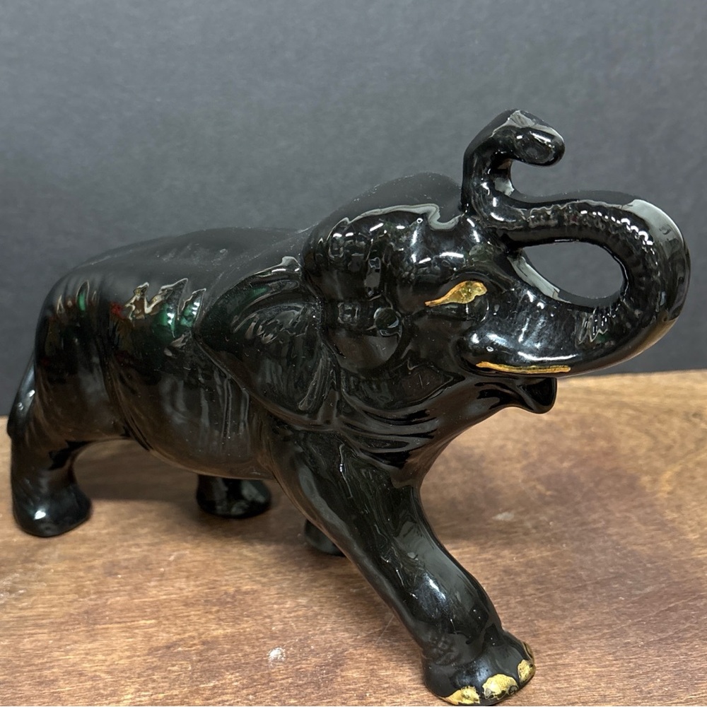 Vintage 1997 signed Elegant Black Ceramic Elephant Figurine sculpture